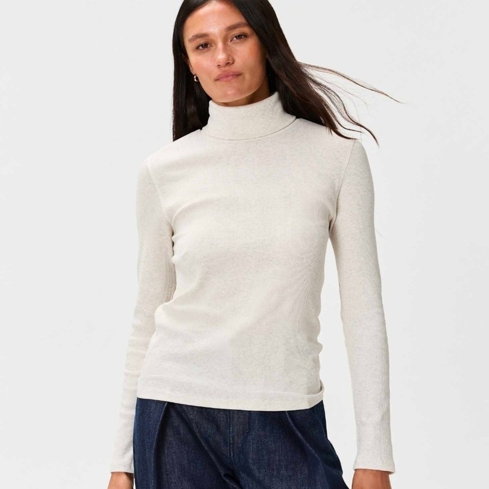 Quince Womens Organic Cotton Turtleneck Micro-Rib Ribbed White Ivory Layering